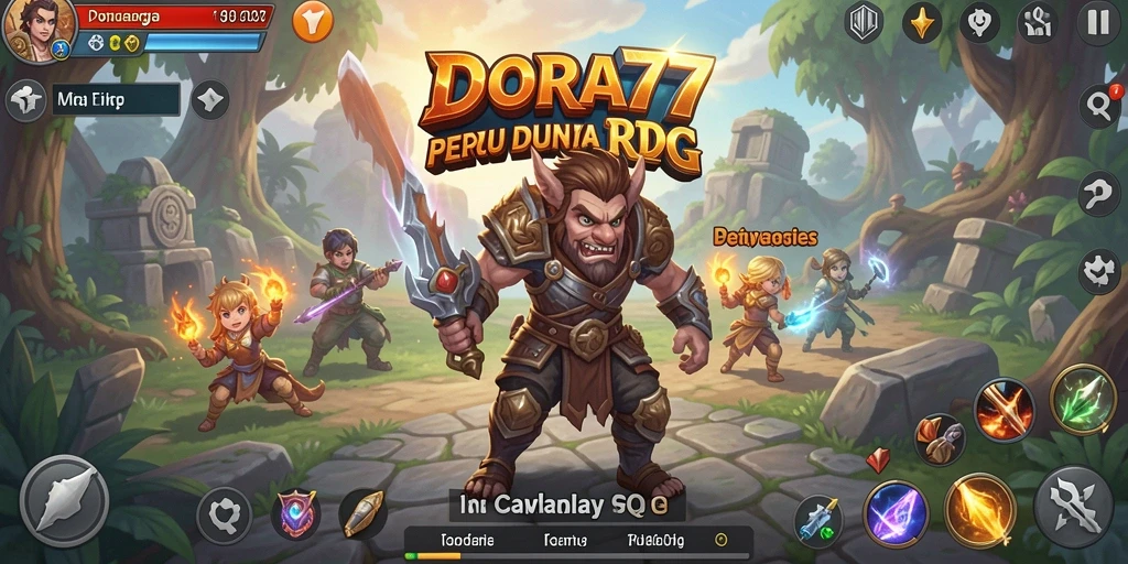 Tangkapan layar utama DORA77 menampilkan aksi seru dalam pertarungan RPG.