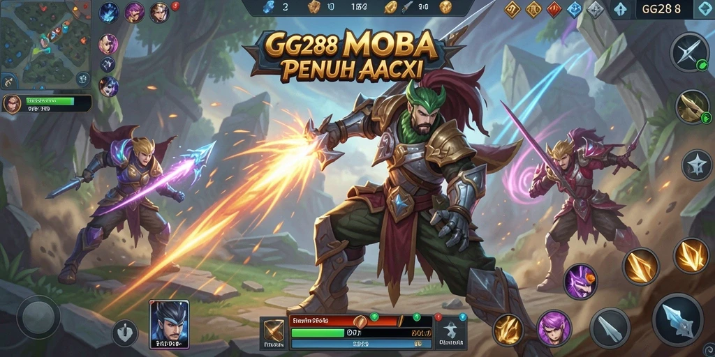Tangkapan layar gameplay intens GG288 yang menampilkan aksi MOBA.