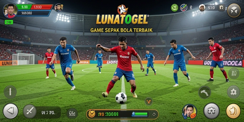 Tampilan gameplay <strong>LUNATOGEL</strong> dengan aksi seru di lapangan sepak bola.