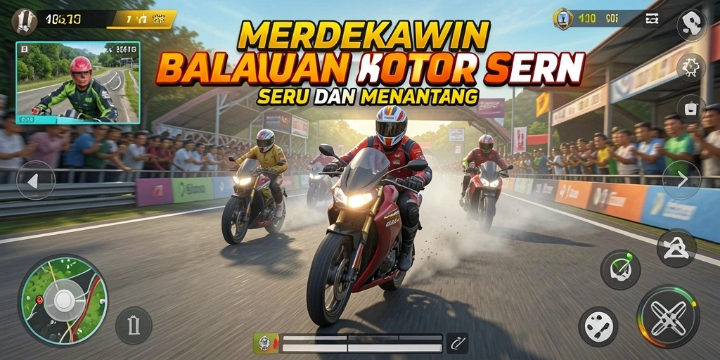 Tangkapan layar gameplay dari MERDEKAWIN yang menunjukkan aksi balapan motor.