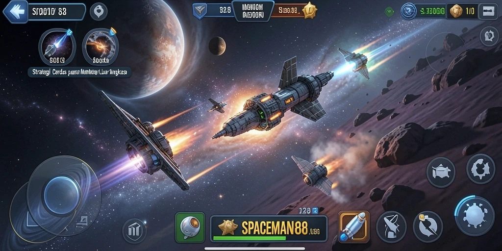 Tangkapan layar gameplay SPACEMAN88 menunjukkan pertempuran luar angkasa yang mendebarkan.